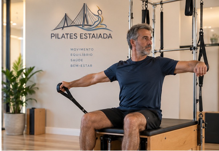 Homem praticando Pilates em equipamento com foco em fortalecimento