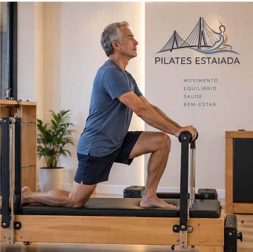 Homem praticando Pilates no Reformer com foco em postura e controle corporal