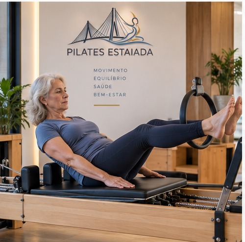 Mulher 60+ praticando Pilates no Reformer
